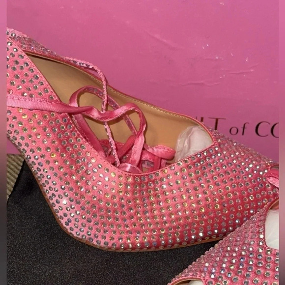 NIB CULT OF COQUETTE KIM PINK SATIN CRYSTAL OPEN TOE HEELS SHOES SIZE 10 - Picture 11 of 13